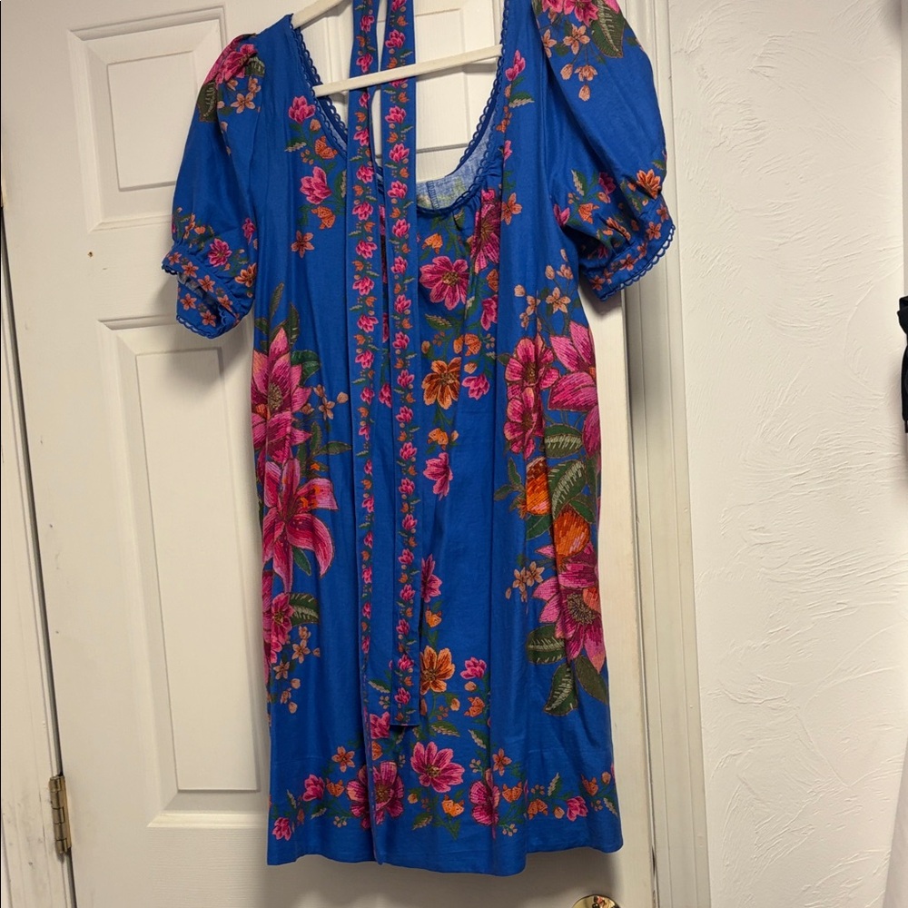 FARM Rio Blue Floral Mini Dress with Pink & Orange Blooms